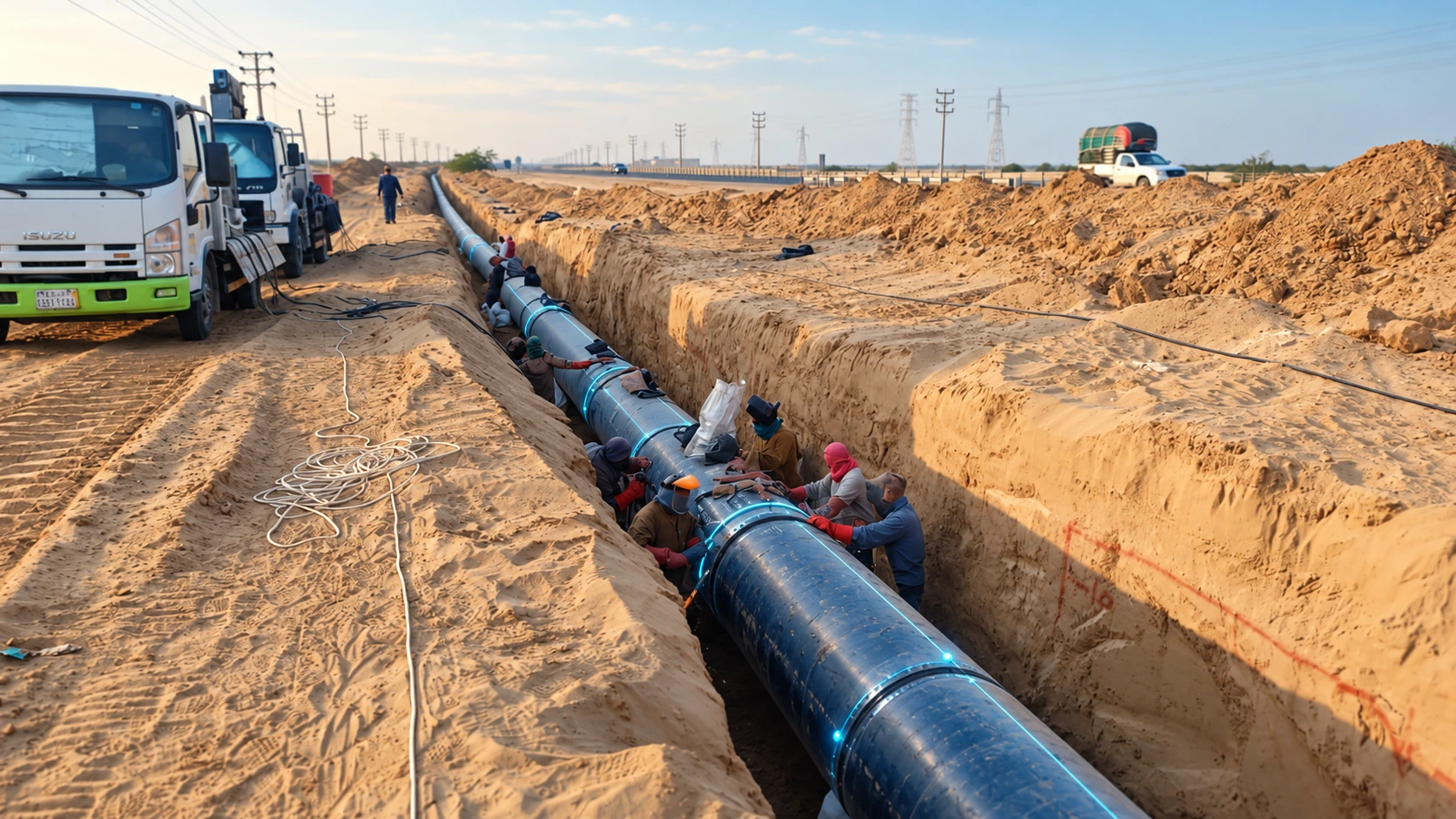 Pipeline installation in an excavated trench with site workers and construction vehicles, with subtle blue digital highlights.
