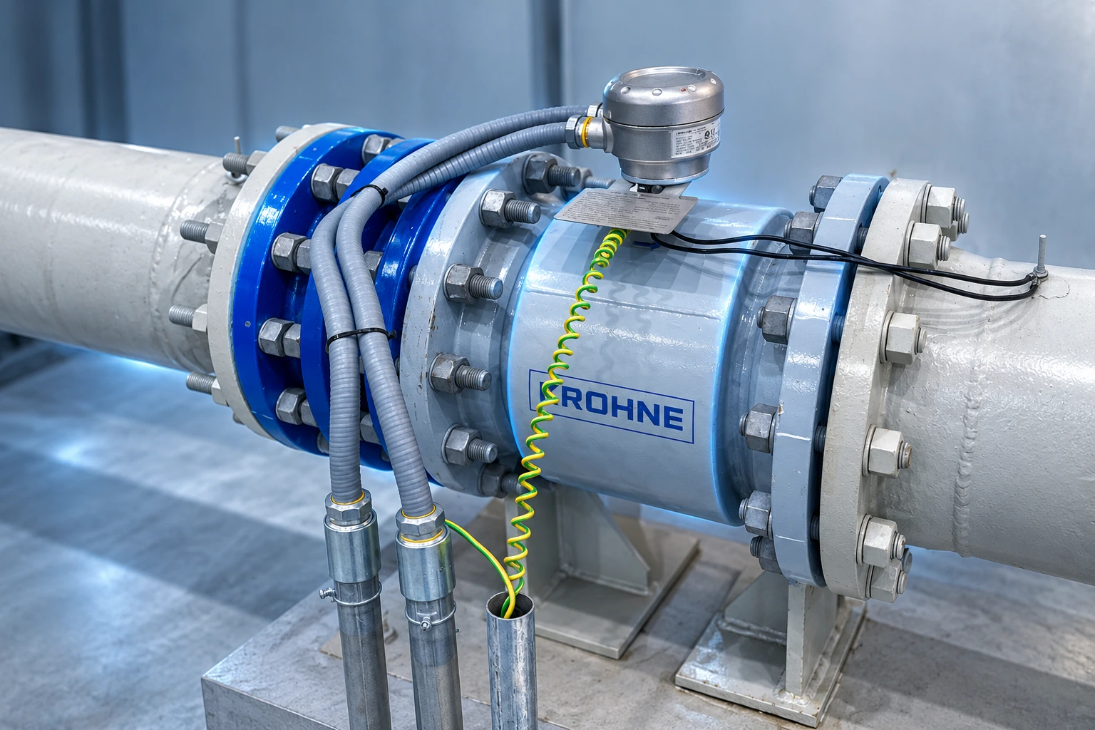 Inline KROHNE flowmeter with flanges, transmitter and earthing connections, with subtle metallic-blue visual effects.