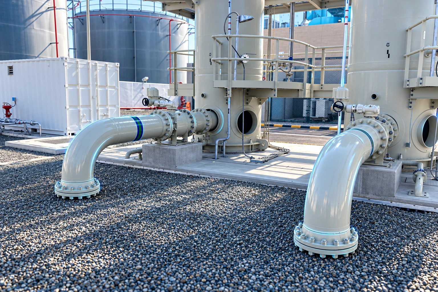 Bladder-type surge vessels with connected elbow pipes and flanged connections, with subtle blue visual effects.