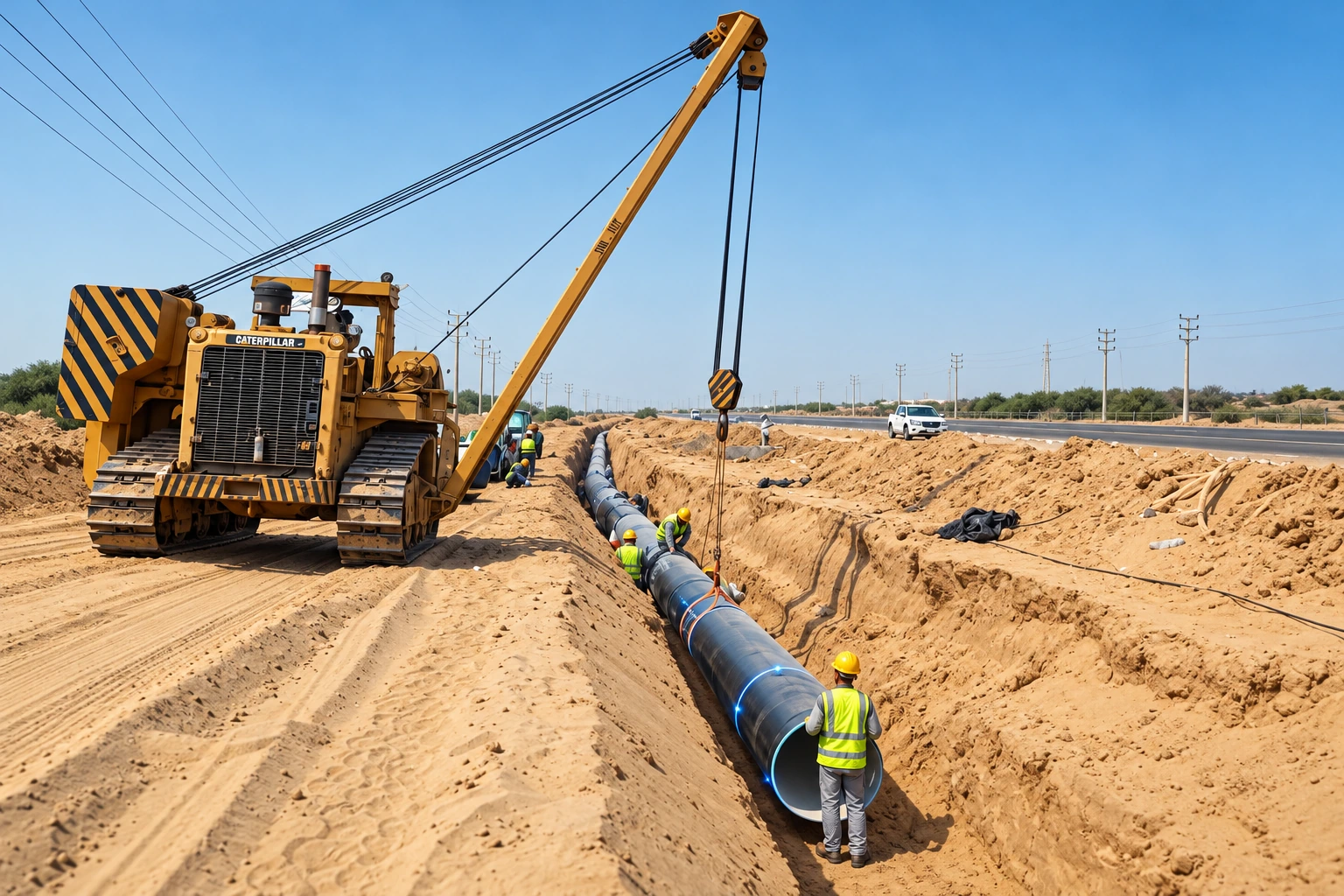 Illustrative pipeline-construction photograph with a yellow pipe-layer and workers in a trench, adapted to landscape with subtle blue effects.