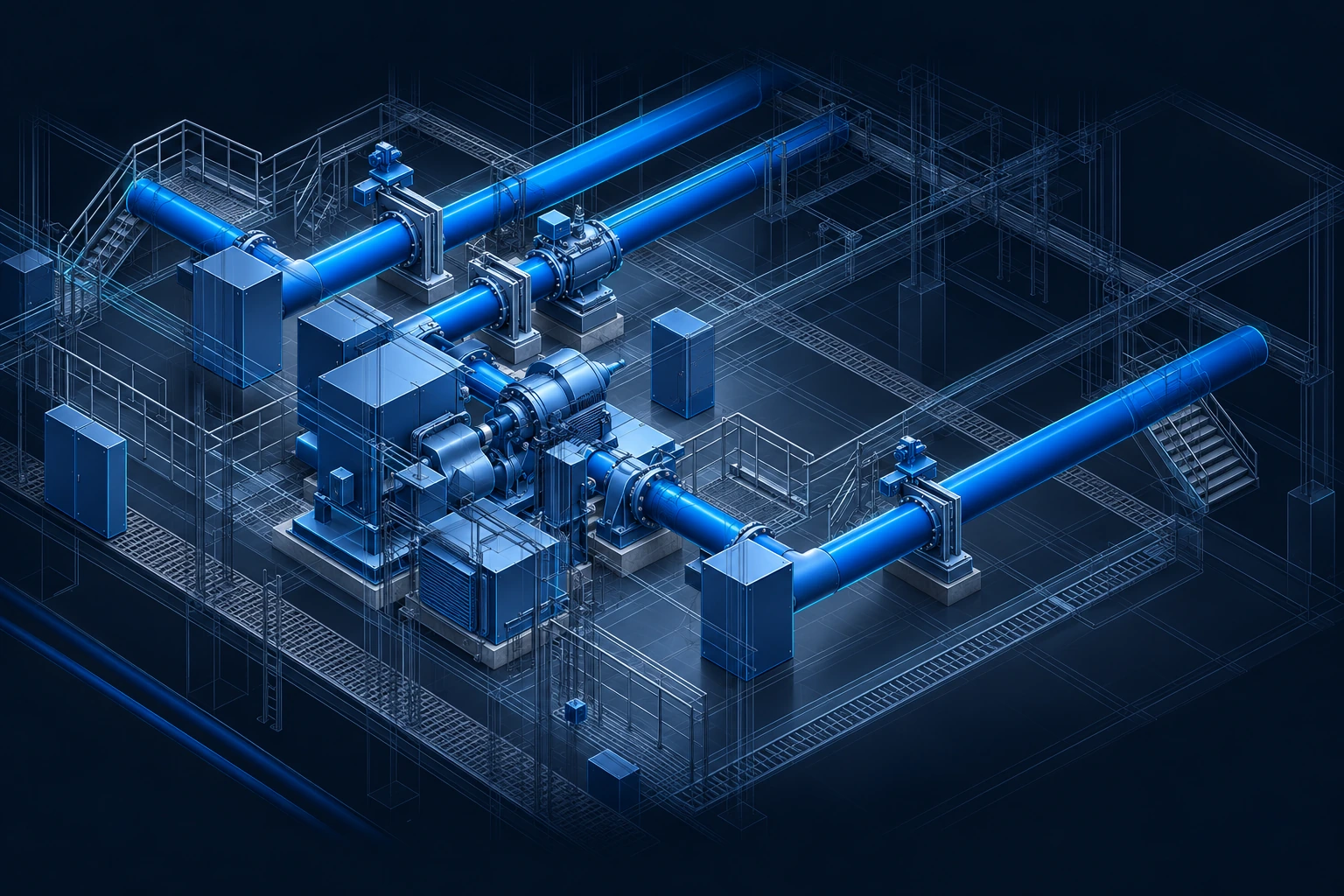 Stylised isometric pump-station model based on the supplied engineering template, with metallic-blue equipment and a faint structural wireframe.