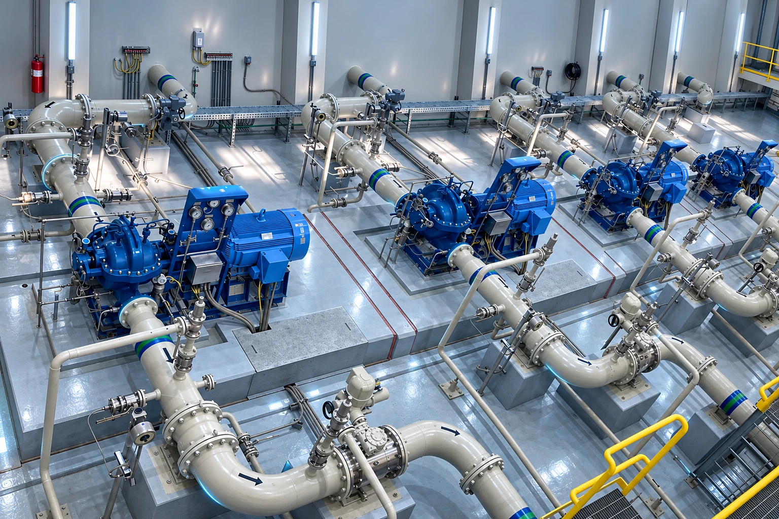 Pump house with blue pumps and motors, white pipework and yellow safety railings, with subtle blue digital highlights.