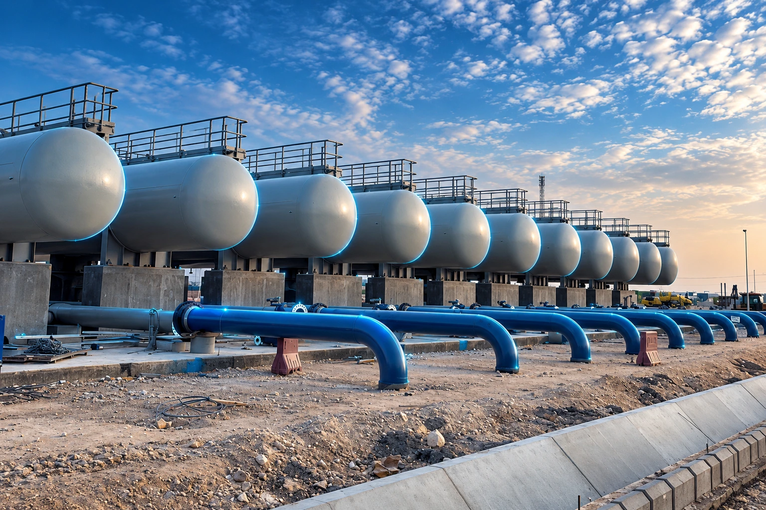 Ras Al Khair surge vessel plant: a row of horizontal vessels and blue outlet piping, with subtle blue digital highlights.