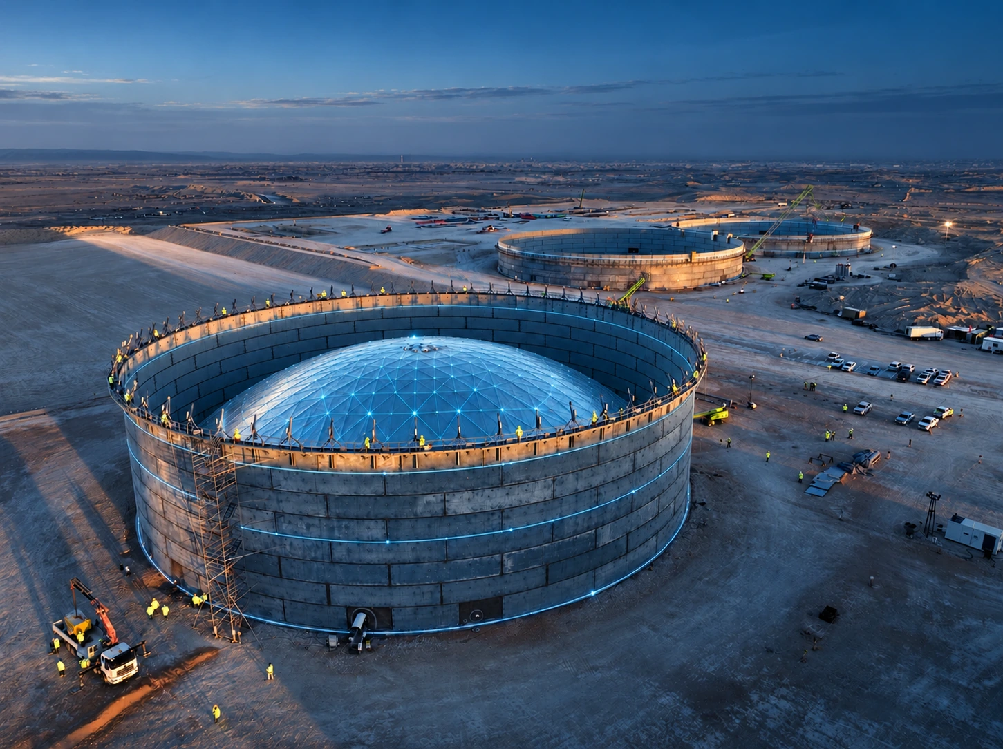 RCSR construction site: steel storage tank with its dome roof being lifted, with blue digital visual effects.