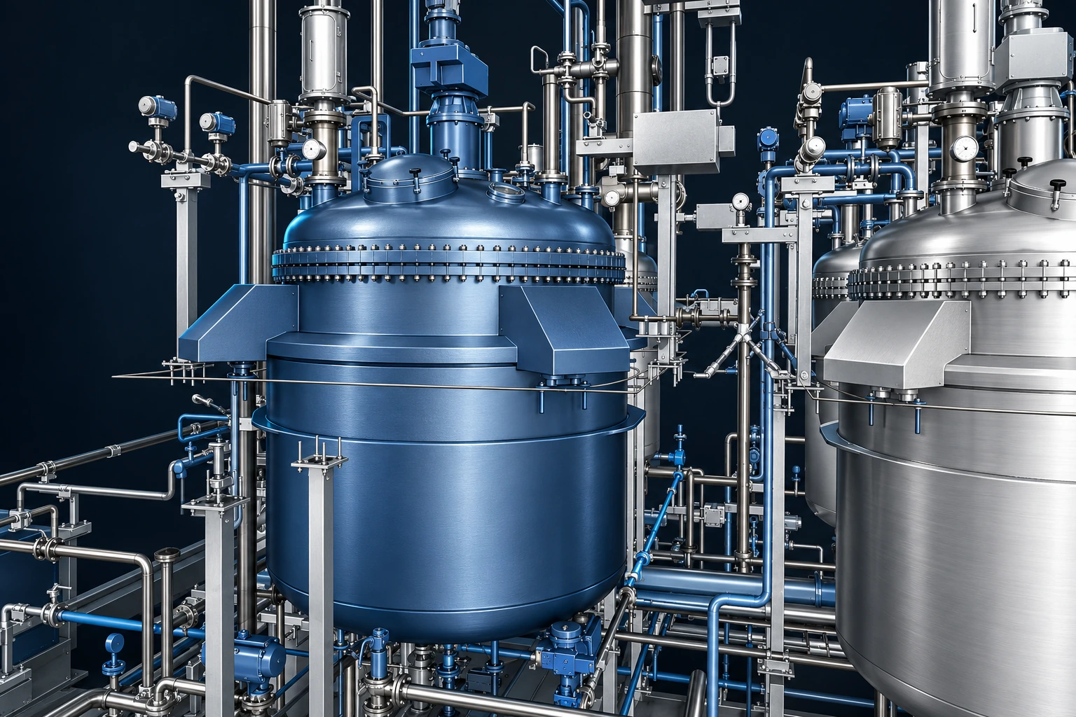 Stylised reactor and piping model based on the supplied TransTank engineering screenshot, in muted metallic blue, graphite and brushed steel.